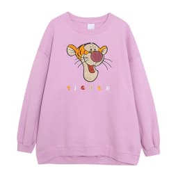 Dopamine Pink Cotton Fleece Lined Embroidered Oversized Sweatshirt Cartoon Letter Design Comfortable Fit round Neck Long Sleeve