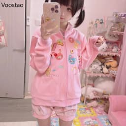 Autumn Pink Japanese Lolita Style Women Sweet Hoodies Bunny Bear Embroidery Y2k Zippper Hooded Sweatshirts Cute Cartoon Coat Top