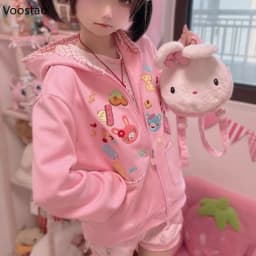 Autumn Pink Japanese Lolita Style Women Sweet Hoodies Bunny Bear Embroidery Y2k Zippper Hooded Sweatshirts Cute Cartoon Coat Top