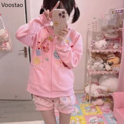 Autumn Pink Japanese Lolita Style Women Sweet Hoodies Bunny Bear Embroidery Y2k Zippper Hooded Sweatshirts Cute Cartoon Coat Top
