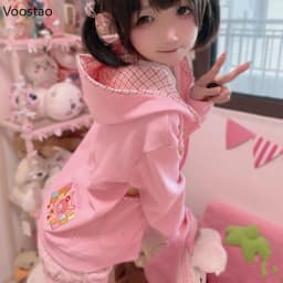 Autumn Pink Japanese Lolita Style Women Sweet Hoodies Bunny Bear Embroidery Y2k Zippper Hooded Sweatshirts Cute Cartoon Coat Top