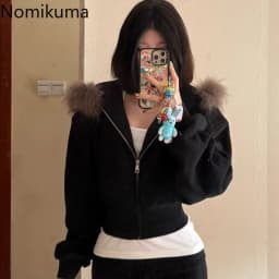 Gothic Black Hooded Coat for Women Harajuku Zipper Swratshirts Vintage Crop Tops Korean Thick Fashion Hoodies Casual Y2k Jackets