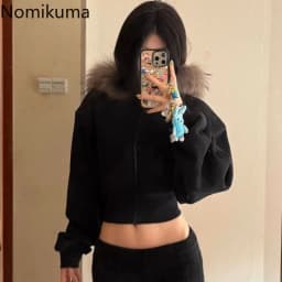 Gothic Black Hooded Coat for Women Harajuku Zipper Swratshirts Vintage Crop Tops Korean Thick Fashion Hoodies Casual Y2k Jackets