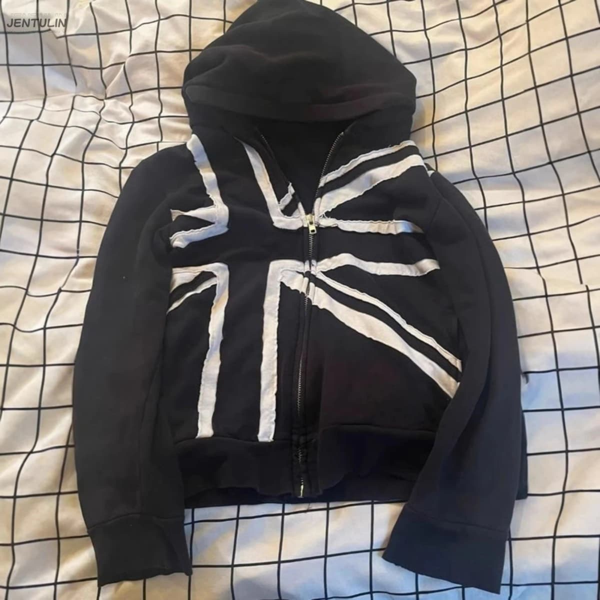 Y2K Cropped Zip Up Hoodie British Flag Raw Edge Patchwork Hooded Jacket Streetwear Gothic Grunge Loose Short Sweatshirt Coat