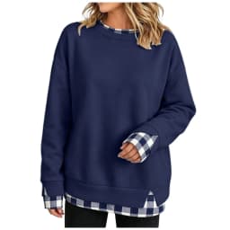 Women Fake Two-Piece Sweatshirts With Plaid Hem Side Slit Long Sleeve Pullover Tops Loose Fit Round Neck Oversize Sweatshirts