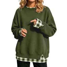 Women Fake Two-Piece Sweatshirts With Plaid Hem Side Slit Long Sleeve Pullover Tops Loose Fit Round Neck Oversize Sweatshirts