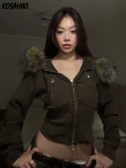 Streetwear Vintage Fur Patchwork Hoodies Y2k Aesthetic Grunge Dual Zippers Hoody Harajuku Casual Slim Fit Pocket Sweatshirt
