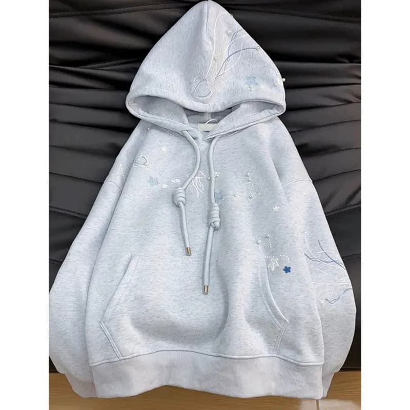 Oversized Women's Hoodies Embroidery Jellyfish Pearl Beaded Drawstring Pocket Loose Coats Casual Long Sleeve Plush Sweatshirt