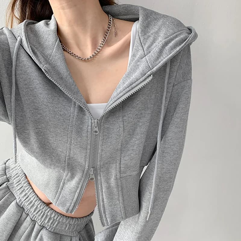 Women Cropped Hoodie Two Way Zipper Jacket Drawstring Hem Sweatshirt Slim Fit Long Sleeve Grey Athletic Yoga Gym Running Top