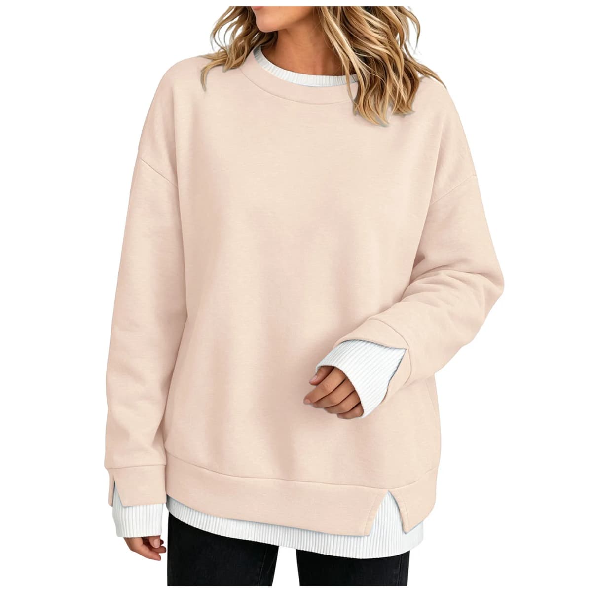 Fake Two-Piece Women Sweatshirts With Side Slit Solid Color Long Sleeve Oversize Sweatshirts Autumn Casual Round Neck Pullover