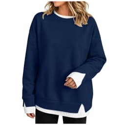 Fake Two-Piece Women Sweatshirts With Side Slit Solid Color Long Sleeve Oversize Sweatshirts Autumn Casual Round Neck Pullover
