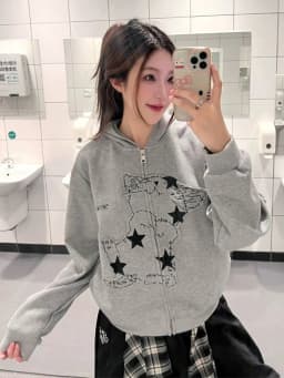 Aoaiiys Cat Print Hoodies Women Coat Y2k Zipper Streetwear Sweatshirt Pockets with Ears Hoodies Autumn Winter Loose Sweatshirts