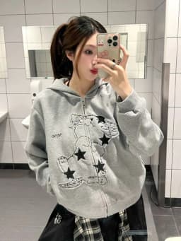 Aoaiiys Cat Print Hoodies Women Coat Y2k Zipper Streetwear Sweatshirt Pockets with Ears Hoodies Autumn Winter Loose Sweatshirts
