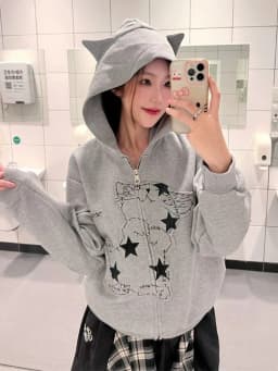 Aoaiiys Cat Print Hoodies Women Coat Y2k Zipper Streetwear Sweatshirt Pockets with Ears Hoodies Autumn Winter Loose Sweatshirts