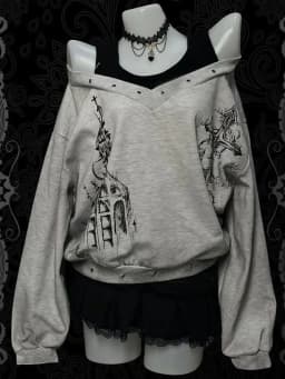 Subculture Punk Rock Cross Print Shoulder Bared Loose Harajuku Shirt Long Sleeve Sweatshirt Women's Fashion Street Style