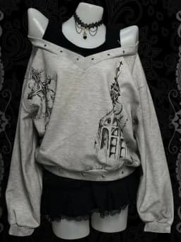 Subculture Punk Rock Cross Print Shoulder Bared Loose Harajuku Shirt Long Sleeve Sweatshirt Women's Fashion Street Style