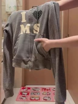 American Vintage Letter Heart Print Striped Hooded Sweatshirt Women Spring Autumn Loose Korean Style Chic Cropped Jacket New