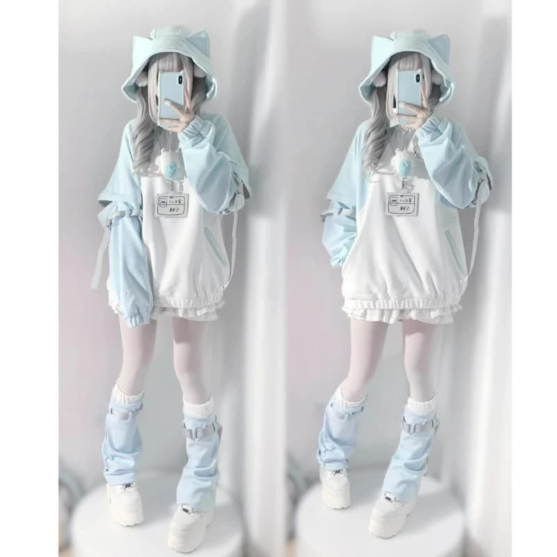 Y2k Subculture Long Sleeve Hoodie Women Casual Sweet Cat Ears Sweatshirt Patchwork Solid Kawaii Zipper Punk Style 2025 Autumn