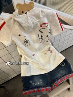 Xgoth Cute Girl Slim Fit Japanese Rabbit Ear Hooded Short Sleeve Zipper Jacket for Women Summer y2k Gray Hoodies Women Tops