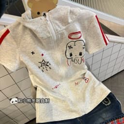Xgoth Cute Girl Slim Fit Japanese Rabbit Ear Hooded Short Sleeve Zipper Jacket for Women Summer y2k Gray Hoodies Women Tops