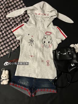 Xgoth Cute Girl Slim Fit Japanese Rabbit Ear Hooded Short Sleeve Zipper Jacket for Women Summer y2k Gray Hoodies Women Tops