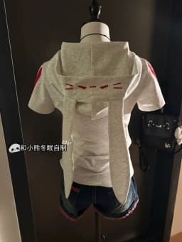 Xgoth Cute Girl Slim Fit Japanese Rabbit Ear Hooded Short Sleeve Zipper Jacket for Women Summer y2k Gray Hoodies Women Tops