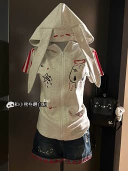 Xgoth Cute Girl Slim Fit Japanese Rabbit Ear Hooded Short Sleeve Zipper Jacket for Women Summer y2k Gray Hoodies Women Tops