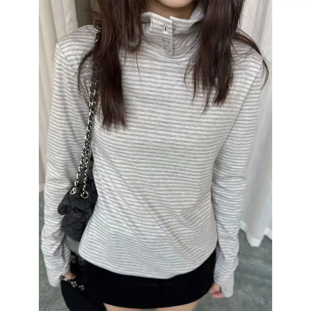 Slimming Effect High Collar Long Sleeve Women's T-shirt Korean Style Vintage Stripes Loose Fit Base Shirt Inner Wear Top