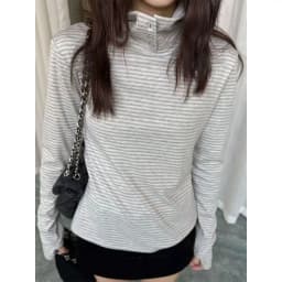 Slimming Effect High Collar Long Sleeve Women's T-shirt Korean Style Vintage Stripes Loose Fit Base Shirt Inner Wear Top