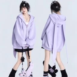 Trendy Purple Rabbit Girl Ear Hooded Sweater with Long Ears for Women Oversize Hoodie Loose Zipper Cardigan Coat Clothes White