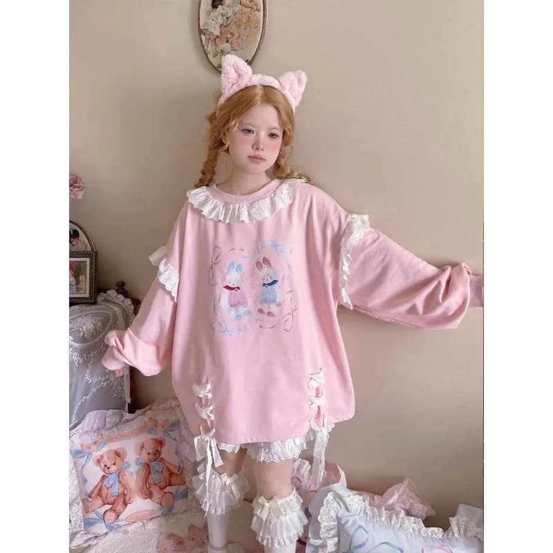 Office Lady Moda Japan O Neck Patchwork Lace Design Loose Pullovers Y2k Aesthetic Cross Lace Up Casual Tops Punk Girl Clothes