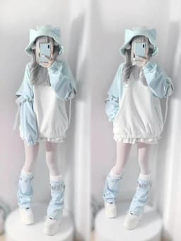 Y2k Japanese Contrast Cat's Ears Hoodies Women Aesthetic Patchwork Grunge Coat Loose Detachable Sleeve Sweatshirt and Leg Warmer