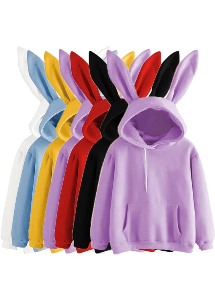 2020 Autumn Winter Women Hoodies Kawaii Rabbit Ears Fashion Hoody Casual colors Solid Color Warm Sweatshirt Hoodies For Women
