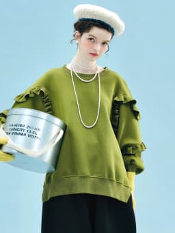 imakokoni Olive Green Ruffled Sleeve Crew Neck Sweatshirt Tops Women's Hoodies & Sweatshirts Casual Female Clothing for Women