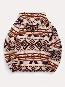 Retro Aztec Print Fleece Hoodie Cozy Oversized Western Sweatshirt Women Ethnic Hooded Sweatshirt Coat