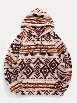 Retro Aztec Print Fleece Hoodie Cozy Oversized Western Sweatshirt Women Ethnic Hooded Sweatshirt Coat