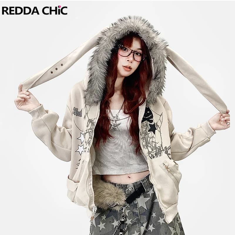 REDDACHiC Aesthetic Zip Up Graphic Hoodies Jacket Bunny Ear Fuzzy Hooded Fleece Lined Oversized Top Harajuku Y2k Women Clothes