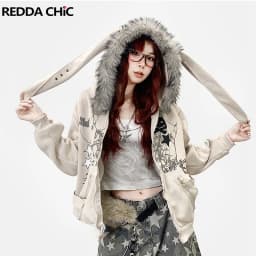 REDDACHiC Aesthetic Zip Up Graphic Hoodies Jacket Bunny Ear Fuzzy Hooded Fleece Lined Oversized Top Harajuku Y2k Women Clothes