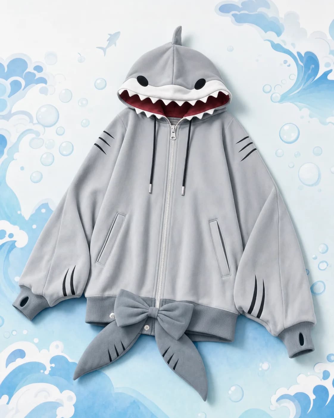Streetwear Casual Grey Shark Hood Zip Up Hoodie Women Heavy Oversized Tail Thumb Hole Detail Fashion Sweatshirt Top Fit Soft Y2K