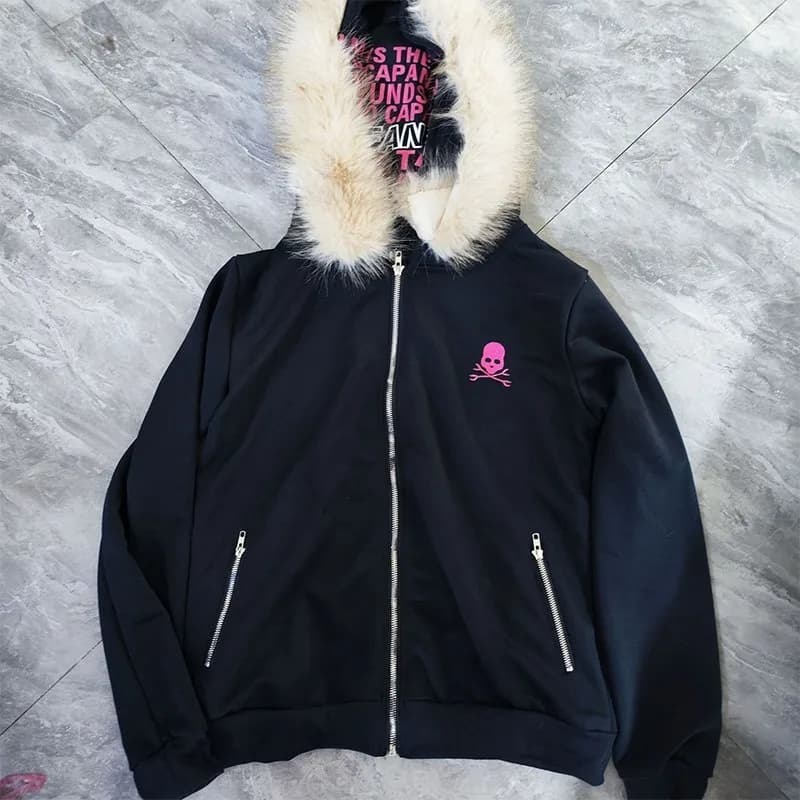 Goth High Street Y2K Black Fur Collar Zipper Sweatshirt Hoodie Women Sweatshirt Harajuku Letter Print Slim Coat Winter Clothes