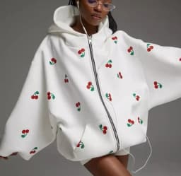 Women Y2K Sweet Cherry All‑Over Print Zip Up Hoodie Oversized Drop Shoulder Long Sleeve Hooded Jacket Casual Loose Streetwear