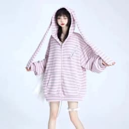 2025 Loose Stripe Rabbit Ear Knitted Hoodies Women Hooded Zip up Sweatshirts Y2k Autumn Cute Cardigan Coat Kpop Kawaii Clothes