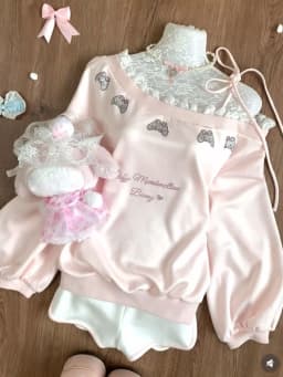 Japanese Kawaii Pink Sweatshirt Women Off Shoulder Lace Bow Long Sleeve Top Sweet Girl Design Fashion Soft Cute Casual Pullover