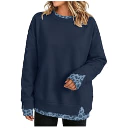 Fake Two-Piece Women Sweatshirts With Side Slit Leopard Print Long Sleeve Oversize Sweatshirts Office Casual Round Neck Pullover