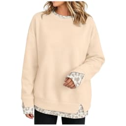 Fake Two-Piece Women Sweatshirts With Side Slit Leopard Print Long Sleeve Oversize Sweatshirts Office Casual Round Neck Pullover