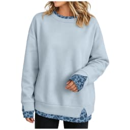 Fake Two-Piece Women Sweatshirts With Side Slit Leopard Print Long Sleeve Oversize Sweatshirts Office Casual Round Neck Pullover
