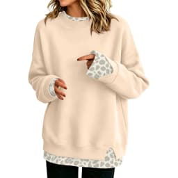 Fake Two-Piece Women Sweatshirts With Side Slit Leopard Print Long Sleeve Oversize Sweatshirts Office Casual Round Neck Pullover