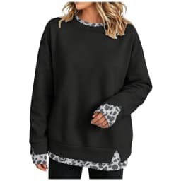 Fake Two-Piece Women Sweatshirts With Side Slit Leopard Print Long Sleeve Oversize Sweatshirts Office Casual Round Neck Pullover