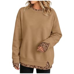 Fake Two-Piece Women Sweatshirts With Side Slit Leopard Print Long Sleeve Oversize Sweatshirts Office Casual Round Neck Pullover