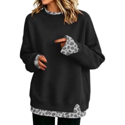 Fake Two-Piece Women Sweatshirts With Side Slit Leopard Print Long Sleeve Oversize Sweatshirts Office Casual Round Neck Pullover